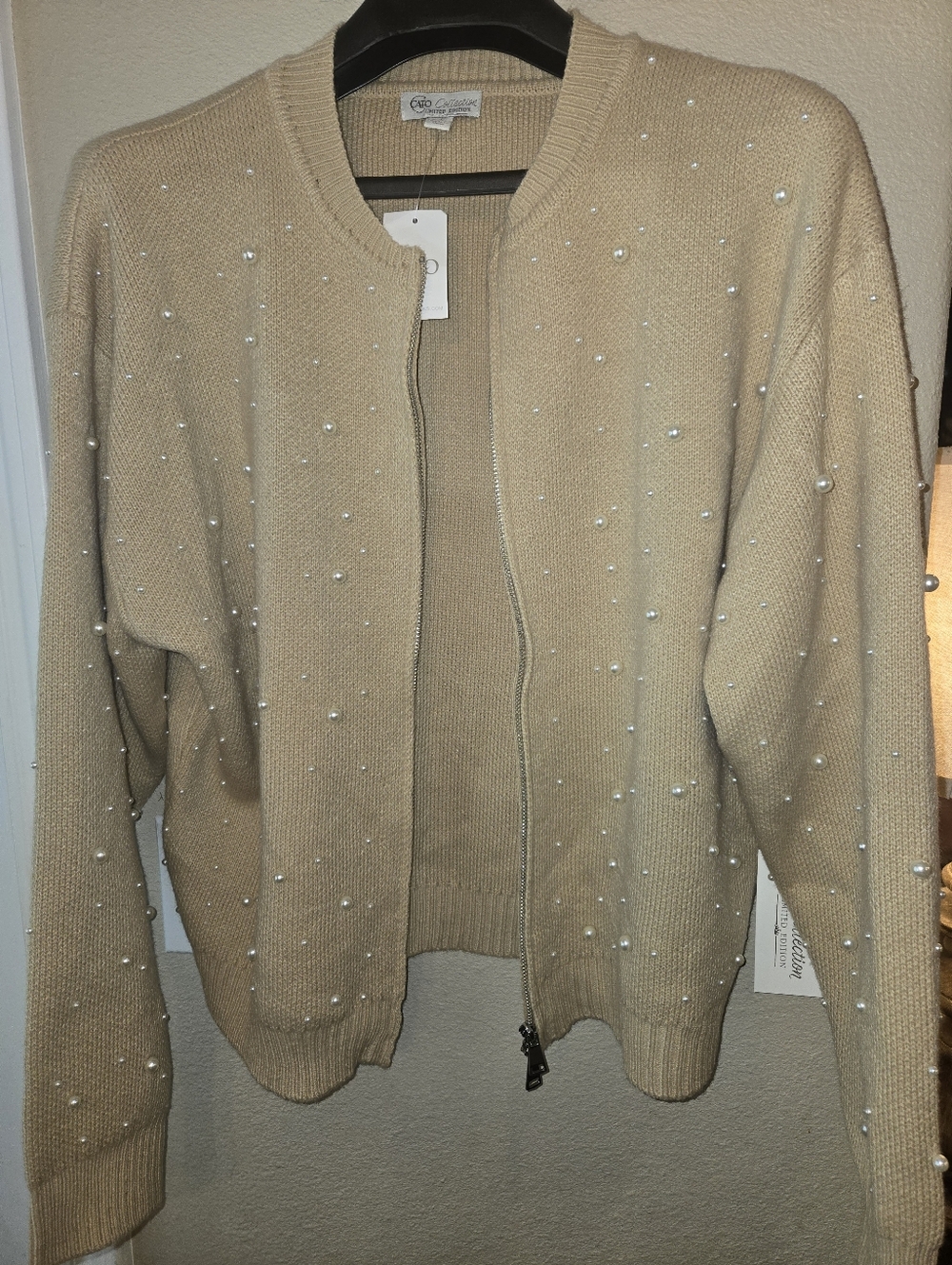 Cato - Neutral Pearl-Embellished Zip Cardigan